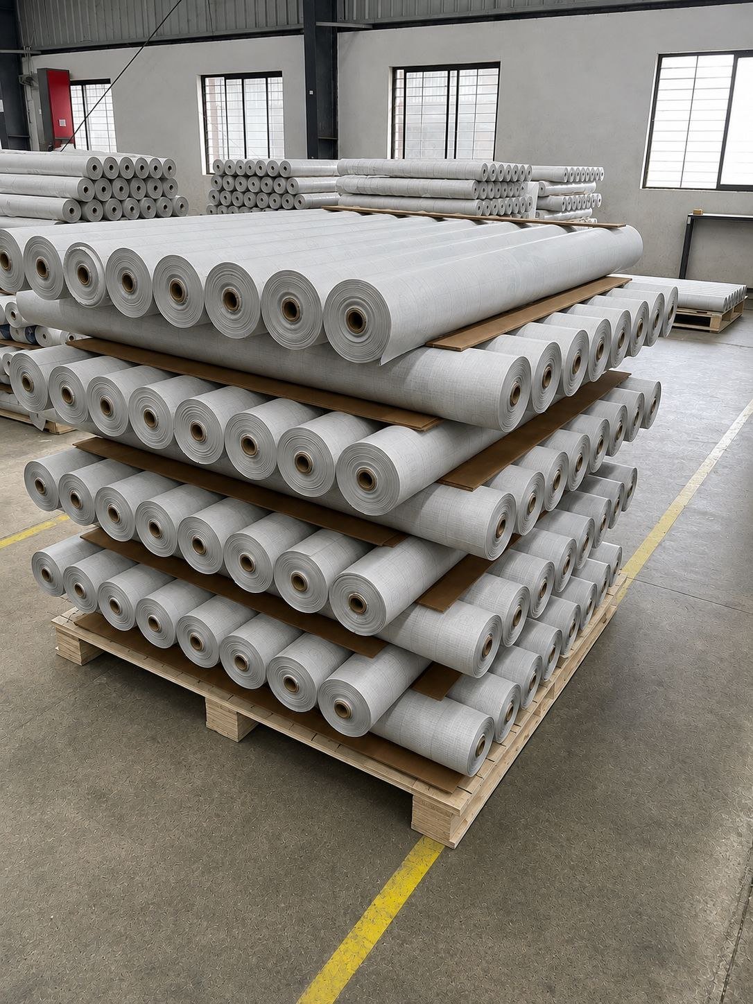 Synthetic Roofing Underlayment — Stacked rolls, packaged